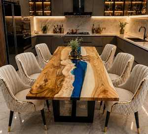 Table à manger en bois et résine époxy, fabrication artisanale, mobilier moderne, finition en résine de bois naturel, mobilier de salle à manger de luxe pour la maison - Product Image 1
