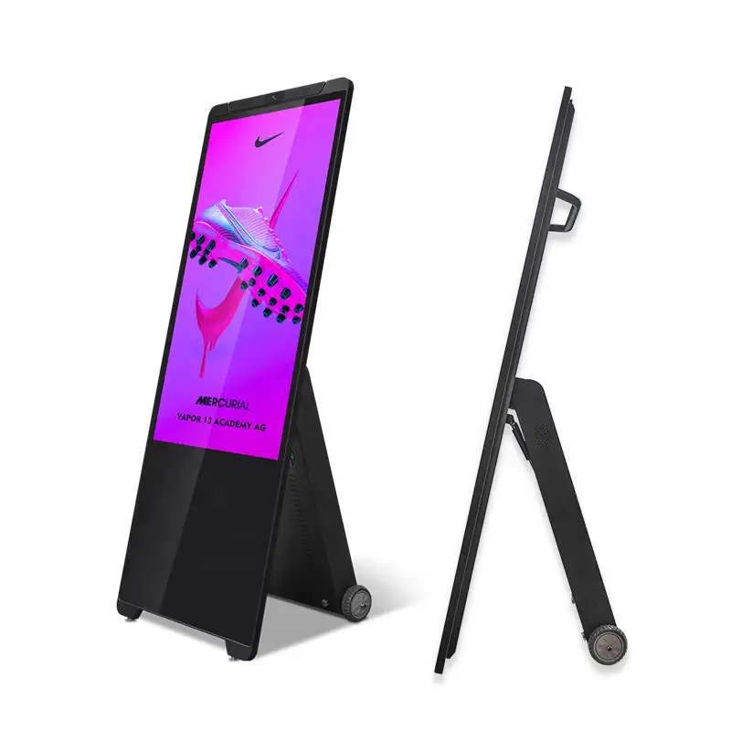 Akülü kaynağı LCD Poster 43 inç taşınabilir dijital Billboard reklam ekranı ekran hareketli tekerlekler ile
