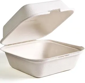 Wadah Takeout Clamshell Bagasse Serat Tebu Biodegradable 6X6 dengan Tutup Berengsel Anti-Grease Microwave To Go Box