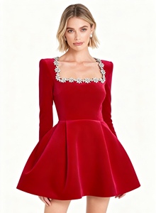 Vestidos Elegantes de Terciopelo de Seda con Cuello Cuadrado y Adornos de Diamantes para Mujer - Product Image 2