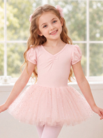Maillot de Ballet para Niñas con Mangas Abullonadas, Cuello en V, Lazo en la Espalda, Tutú con Lentejuelas, Vestido de Princesa para Actuaciones de Danza Infantil
