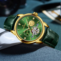 Montre mécanique squelette pour homme, 44 mm, cadran vert, affichage de la semaine, bracelet en cuir étanche, montre-bracelet de style professionnel