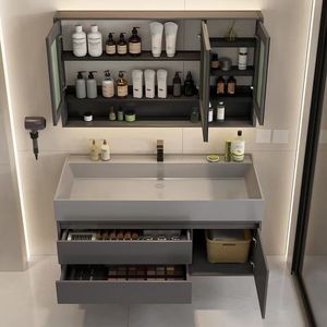 ตู้ห้องน้ำสีเทาสุดหรู ตู้กระจกอัจฉริยะ อ่างล้างหน้าสีขาว ตู้แขวนผนัง - Product Image 3