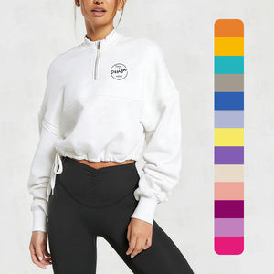 Wholesale Custom Design Quarter Zip Crop Sweatshirt Stand Collar Drawstring Adjustable Hem Long Sleeve Women Baggy Pullover <b>Tops</b> - Product Image 1