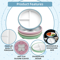Ensemble de 4 assiettes et bols en porcelaine pour enfants, base à ventouse, manchons en silicone antidérapants, compatibles micro-ondes/lave-vaisselle, design rond moderne