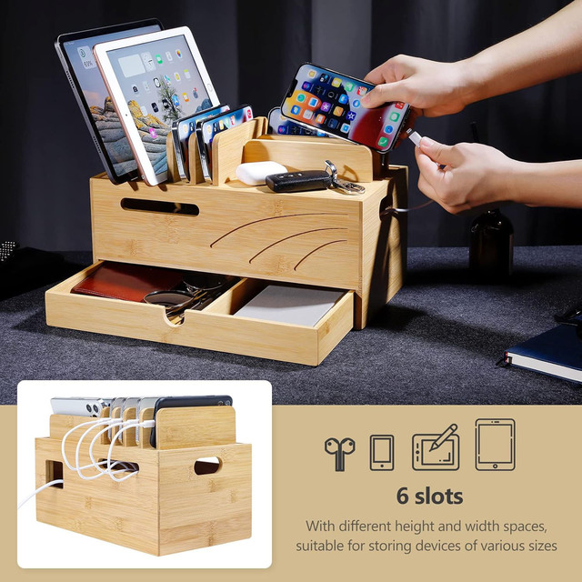 Natural Bamboo Charging Station Organizer for Multiple Devices Cable Cord Management Box with 6 Slots and Drawer for Phones