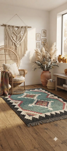 Tapis artisanal en laine et jute turquoise, motif tribal géométrique, pour salon, chambre, style bohème, ferme, rustique, décoration de sol. - Product Image 5