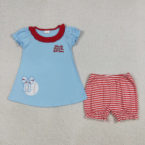 Ensemble décontracté 2 pièces pour fillette : T-shirt à manches courtes bleu avec nœuds et appliques de baseball et short – Vêtements d'été en gros pour enfants - Product Image 2