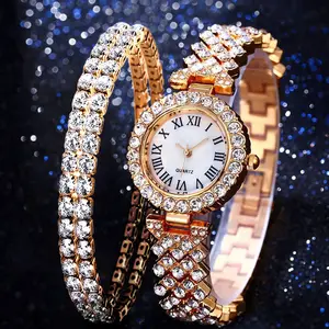 Hot Selling Diamond Quartz Watch Double Diamond Bracelet Set For Women