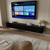 Meuble TV flottant noir minimaliste moderne avec finition grain de bois, console multimédia murale extra longue pour salon de luxe