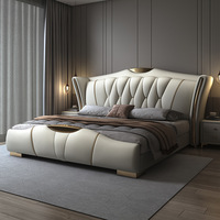 Lit de Luxe en Cuir Véritable Rembourré, Design Postmoderne, Grand Format, Cadre en Chêne, Grand Espace de Rangement, Assemblé, Élégant pour Mariage