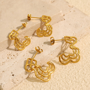 Geometric Gold <b>Stud</b> Earrings Hollow Design <b>Titanium</b> Steel Unisex Fashion Jewelry - Product Image 2