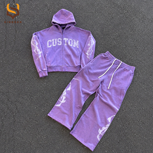 Conjunto Deportivo de Hombre, Pantalones Deportivos de Felpa Francesa de Algodón y Sudadera con Capucha y Cierre de Cremallera, Diseño con Estampado y Lavado Ácido - Product Image 1