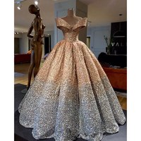 Sparkly Pailletten Baljurk Prom Jurken Prinses Puffy Rok Off Shoulder Crystal Arabische Dubai Vrouwen Formele Avondjurken Wear