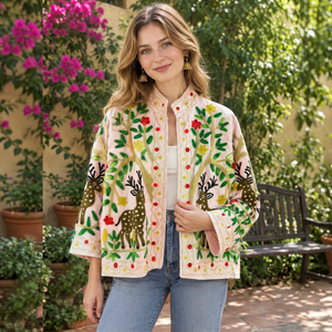 Unique Touch Beautiful Hand Embroidered Suzani Jacket Floral Deer Motif Statement Boho Cotton <b>Velvet</b> <b>Coat</b> Folk Art Winter Blazer - Product Image 1