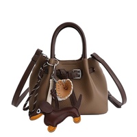 Tas Wanita Warna Solid 5 Warna Mini Fortune, Tas Selempang PU dengan Gantungan Anjing Lucu Gaya Vintage Eropa Amerika