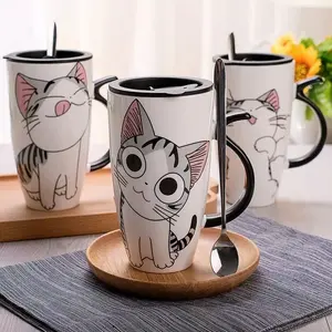 Hochwertige Phantasie Design Heide Kreative Glasur Katze Keramik becher Mit Deckel Löffel Cartoon Milch Tee tasse Porzellan Tasse Set - Product Image 3