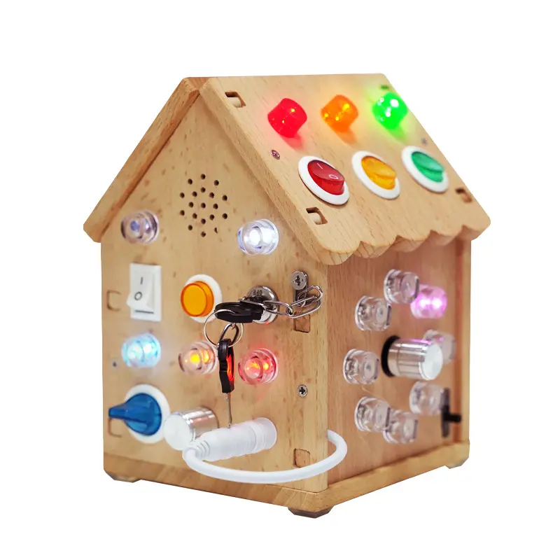 Tablero ocupado Montessori de madera, sonido y luz, botón de interruptor de casa ocupada, juguetes cognitivos, juguetes sensoriales para niños pequeños