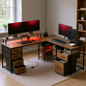 Bureau d'ordinateur en forme de L réversible de 66 pouces en bois brun avec tiroir à dossiers, prises électriques, lumières LED, mobilier de bureau à domicile - Product Image 2