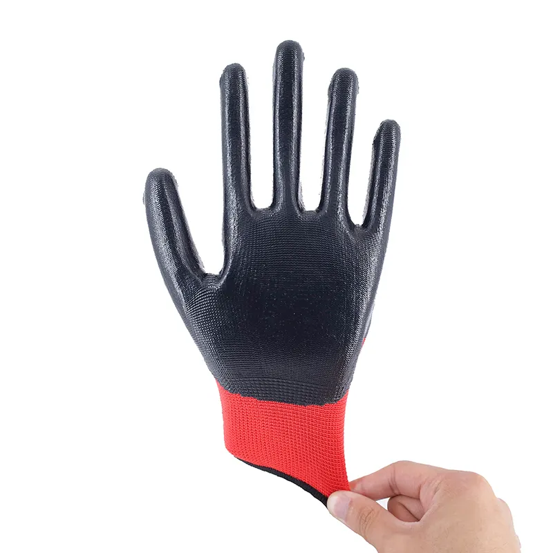 13G Red Polyester Black Nitrile Coated Finish Wear Resistant Nitrile Coated Work Gloves Wholesale