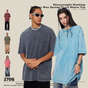 T-shirts pour hommes High Street Style Heavyweight Washed Batik Small Neckline 100% Cotton Loose Short Sleeve Tshirt - Product Image 3