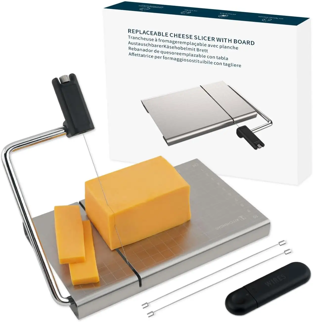 Rebanadora de queso de acero inoxidable de gran oferta con 5 cables de repuesto, herramientas de cocina duraderas, tabla cortadora de queso con escala precisa