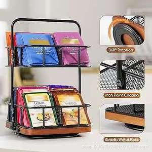 Desktop Wrought Iron Double Layer Storage Rack Tea Bag <b>Rotating</b> Organizer Wooden Base Office <b>Desk</b> Organizer Rectangle Standing - Product Image 3
