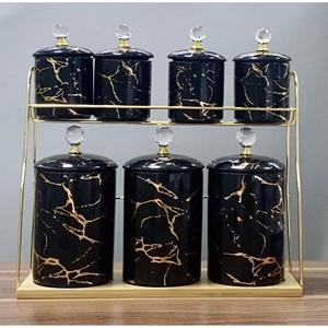 Pink Marble Ceramic Storage Jars <b>Set</b> With Gold Rack 7 Piece Kitchen <b>Canisters</b> Airtight Lids For Pantry Organization - Product Image 5