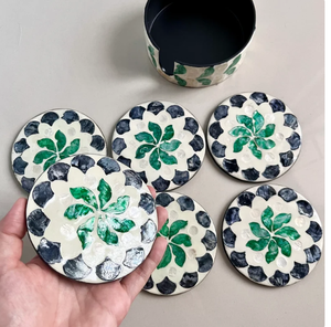 Set of 6 Green Mother Pearl Inlay Round Coasters with Holder Bohemian Style Eco-Friendly <b>Table</b> <b>Protection</b> Mats & Pads Vietnam - Product Image 6