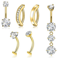 Lot de 6 Piercings de Nombril Unisexe en Acier Inoxydable, Forme Cœur Entièrement Sertie de Diamants, Bijoux de Corps
