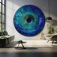 Grande sculpture murale ronde en métal Vincentaa, bleue, avec motif concentrique, pour la décoration du hall d'hôtel