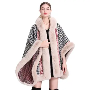 New Japanese Korea Winter Warm Plaid Leopard Batwing Sleeves Poncho Cape Women Faux Rabbit Fur Loose Streetwear Coat With Hat