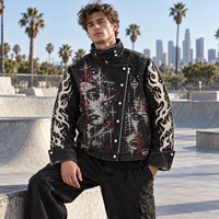 Blouson Biker Gothique Personnalisé pour Homme, Noir Délavé, Imprimé Graphique Vieilli, Brodé, Clouté, Streetwear, Vente en Gros B2B, Marque Privée