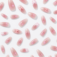 Faux ongles roses à presser, forme cercueil, motif nœud, étoile, écossais, strass, réutilisables pour femmes