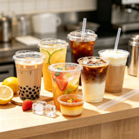 Gobelets jetables transparents en PET pour boissons froides, personnalisables avec logo, pour bubble tea, avec différents types de couvercles disponibles.