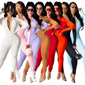 Macacão de manga longa personalizado para mulheres, bodycon com gola V, cor sólida, zíper, roupa fitness para mulheres, outono e inverno Liu Ming