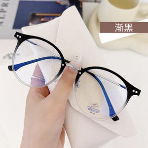 Monturas de gafas redondas de estilo coreano para mujer, tamaño mediano, lentes de PC, protección contra luz azul, lentes planas, negro y plateado - Product Image 3