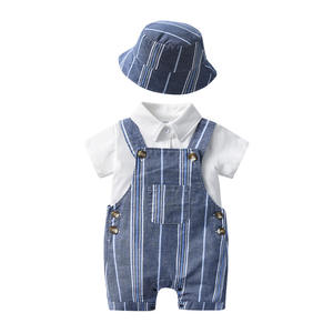 Elegante Traje de Tirantes de Verano para Niños, <span class=keywords><strong>Ropa</strong></span> para Bebés de Un Año, Conjunto de Tres Piezas de Manga Corta con Gorros de Pescador - Product Image 2