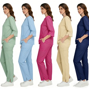Women Medical <b>Scrub</b> <b>Set</b> Mid Sleeve V Neck Button Down Uniform Moisture Wicking For Pet Hospital Use - Product Image 3