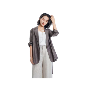 Của phụ nữ giản dị thời trang áo khoác áo khoác đơn nút dài tay áo với notched cổ áo rắn màu đen dệt mô hình - Product Image 4