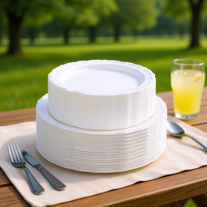 Ensemble de 100 assiettes jetables en plastique blanc robustes, rondes, pour servir les dîners - Product Image 2