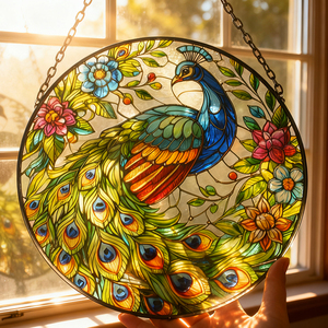 Stained Glass Art Deco Peacock Suncatcher Round Glass <b>Panel</b> & Metal Chain Window Hanging Home Decor - Product Image 1