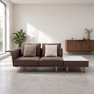 Canapé en cuir avec accoudoirs, 2-3 places, plateau en marbre, chaise longue, coussin de dossier amovible, pieds en métal fins, style moderne minimaliste pour salon et hôtel - Product Image 1