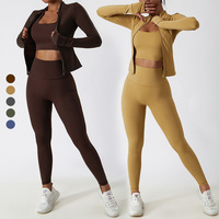 Ventes en gros personnalisées de 3 pièces d'ensembles de vêtements de sport pour femmes, veste zippée de yoga, soutien-gorge de sport, leggings, ensembles de fitness pour la salle de sport