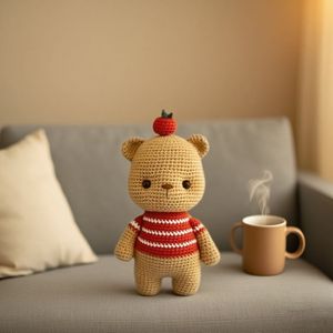 Crochet Poupée de Petit Ours Brun avec Pomme Rouge Simple Crochet Débutant Activité Enfants Projets En Tricot - Product Image 1