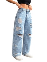 Jeans décontractés pour femmes à jambe large, taille haute, bleu délavé, déchirés et effilochés, style streetwear, en denim, vente en gros ODM/OEM