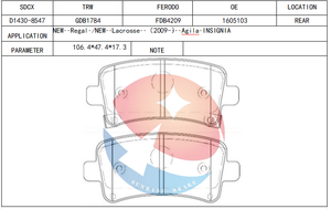 Pastiglie Freno SDCX D1430-8547 / 22846359 / 13365958 per Asse Posteriore Saab / VAUXHALL INSIGNIA Mk I (A) Sports <span class=keywords><strong>Tourer</strong></span> - Product Image 2