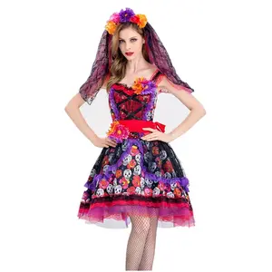 Mexikanischer Tag der Toten Horror Zombie Schädel Cosplay Kostüm Halloween Karneval Party Blume Fee Geister Braut Performance Kleid