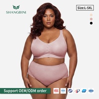 SHANGBINI Set Bra Tanpa Kawat Ukuran Besar dengan Kancing Depan Praktis, Celana Dalam High Rise Pembentuk Perut L-5XL