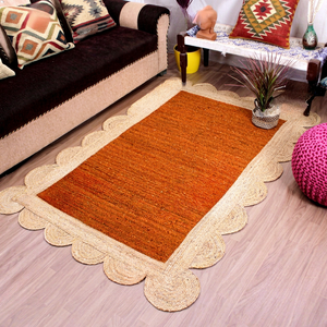 Handmade Orange Natural Jute Scalloped Border Area <b>Rug</b> Handwoven <b>Rustic</b> Boho Farmhouse Living Room Floor <b>Rug</b> Natural Fiber Home - Product Image 1